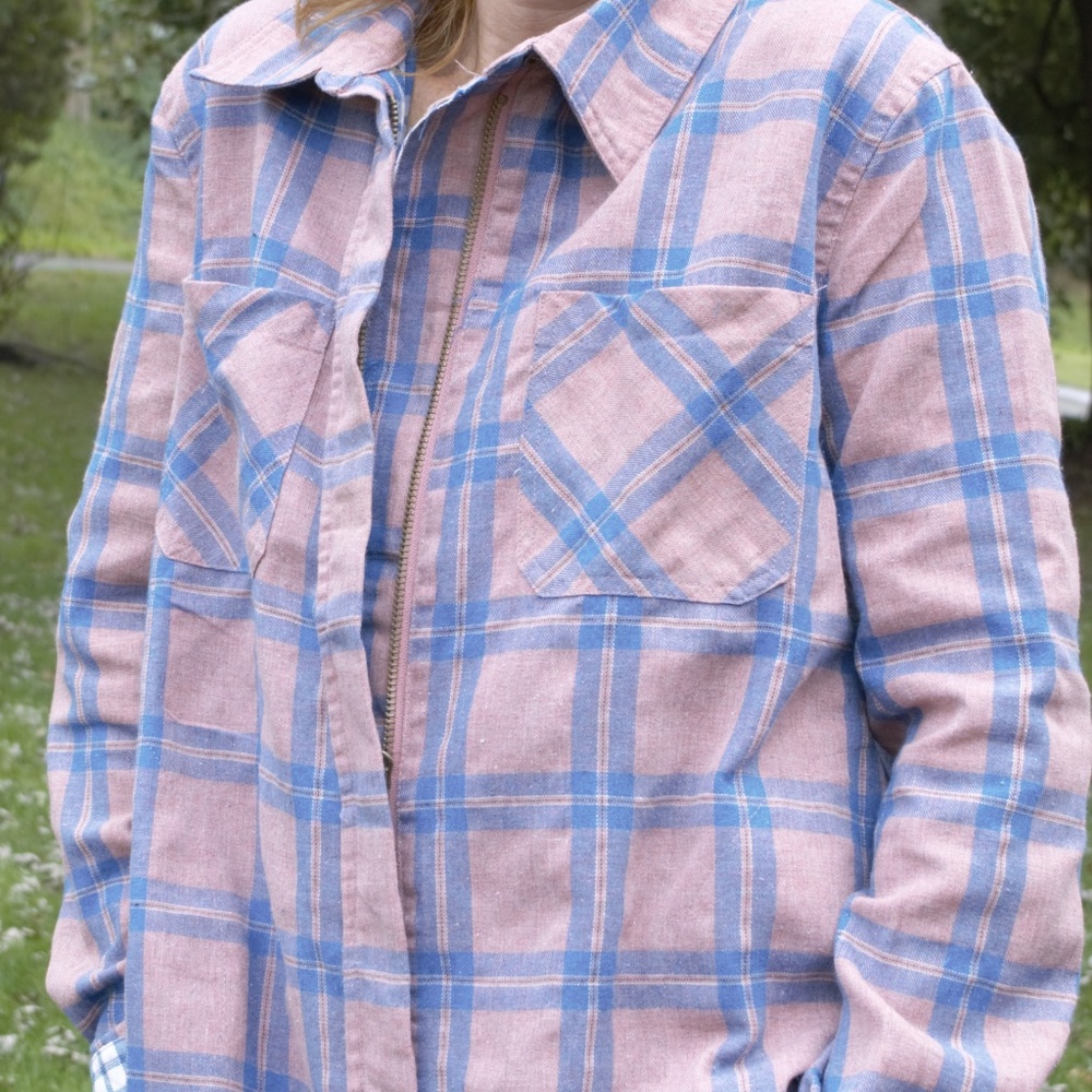 Soft Pink and  Baby Blue Zip Plaid Flannel Jacket